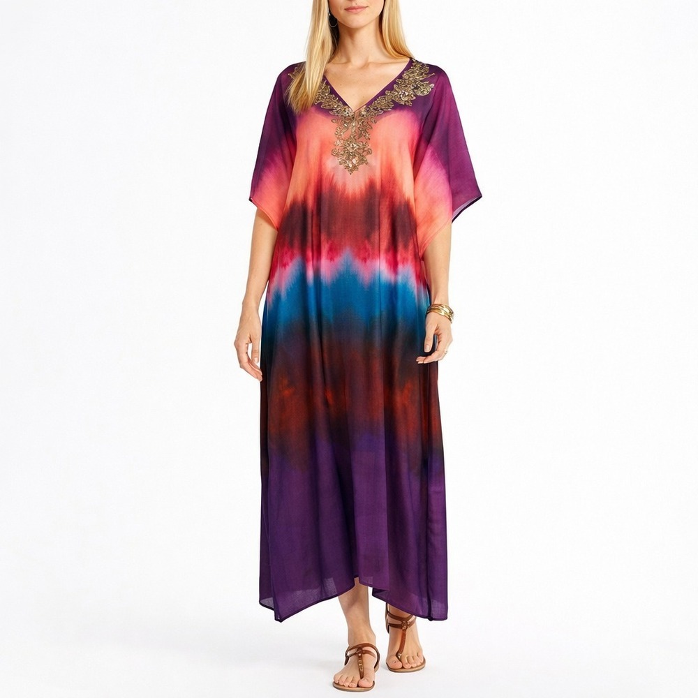 Soft Surroundings Ibiza Kaftan Maxi Dress L XL Beaded Ombre Boho Resort Chic